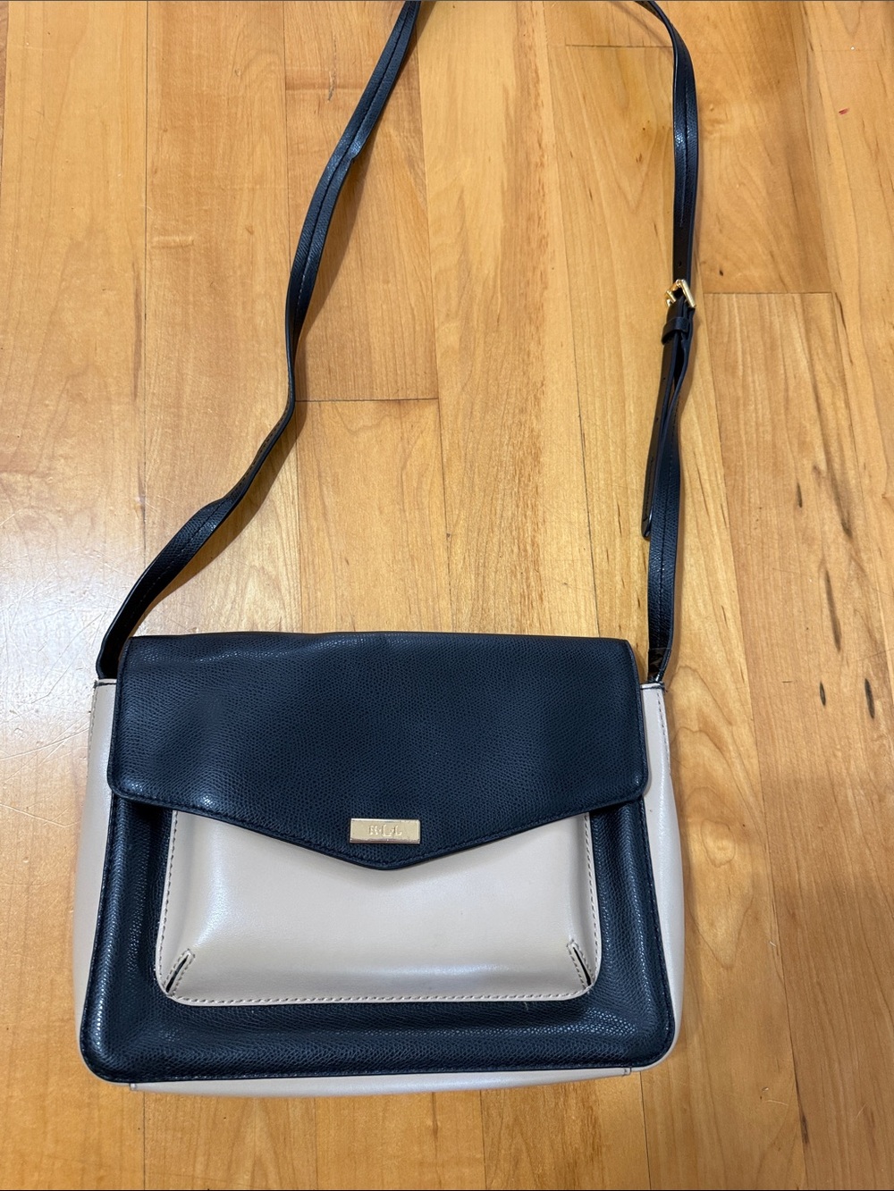 Ralph Lauren Black and Cream Leather Crossbody Shoulder Bag